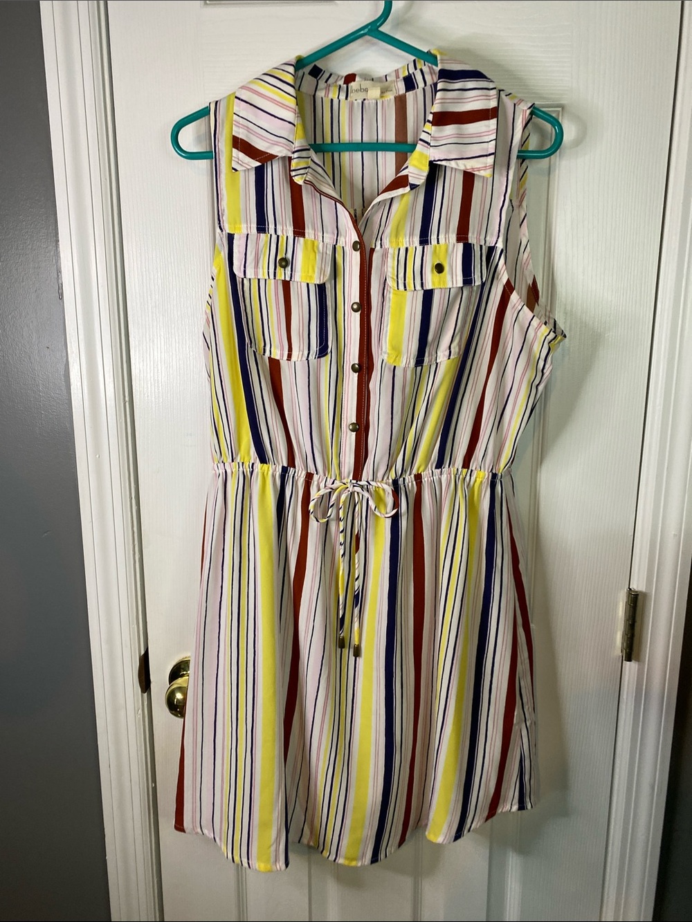 BeBop Striped Sleeveless Button-Front Mini Dress in Yellow, Navy, Rust, Large.